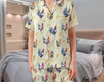 Rooster Short Satin Pajama Set: Floral Chicken Sleepwear for Women and Kids
