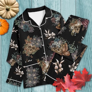 Skull Flowers Pajama Sets | Spooky Gothic Pyjamas, Whimsigoth Nightwear, Cotton Jammies, Long Pants Pj Set, Halloween Gifts, Emo Fall Pjs
