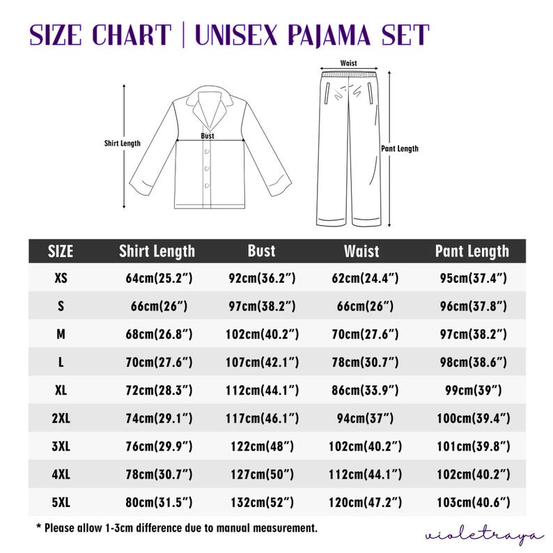May include: A black and white size chart for a unisex pajama set, featuring line drawings of a collared button-down shirt and trousers. The table lists measurements in centimeters and inches for sizes XS through 5XL, including shirt length, bust, waist, and pant length.