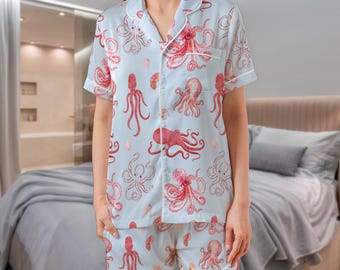 Octopus Nautical Satin Pajama Set: Fisherman-core Sleepwear for Women and Kids
