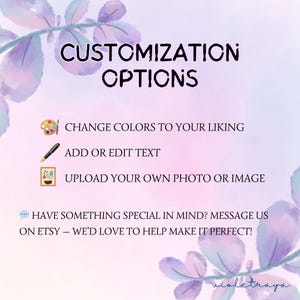 May include: A digital graphic with the text "CUSTOMISATION OPTIONS" in black. The image lists options: change colours, add or edit text, and upload a photo. The image has a watercolour background with purple leaves.