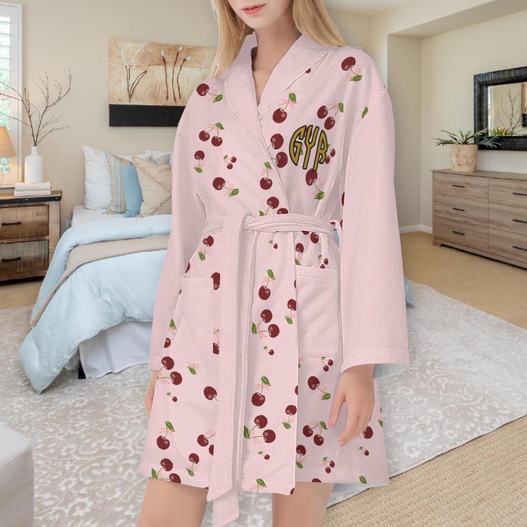 Personalized Cherry Short Bathrobe | Fruit Print Housecoat, Monogram ...