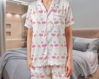 Flamingo Short-sleeved Satin Pajama Set: Light Pink Sleepwear for Women and Kids