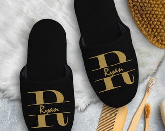 Personalized Monogram Men's Slippers: Custom Close-toe House Shoes, Faux Gold Slippers for Men