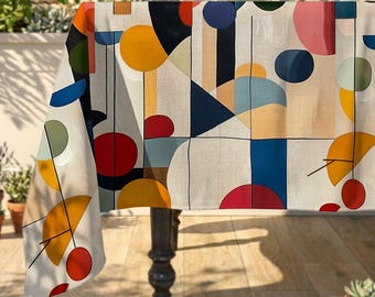 Mid-Century Abstract Tablecloth: Colorful Shape Table Throw, Modern Art Hosting Table, Washable Tablelinen