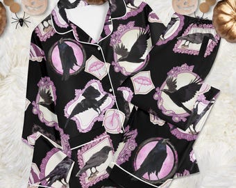 Gothic Pink Raven Pajama Set: Victorian Raven Frames Pyjamas, Gothic Corbie Halloween PJs, Spooky Black Crows