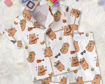 Conjunto de pijama de satén Capybara: ropa de casa de manga corta para jóvenes y niños.
