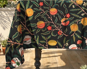 Lemon Trees Pattern Rectangle Tablecloth: William Morris Faux Linen Table Cover,  Nature Motif Dining Room Decor