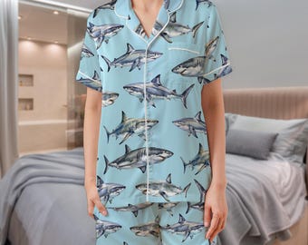 Set pigiama in raso con squalo oceanico: abbigliamento da notte in stile pescatore per donne e bambini