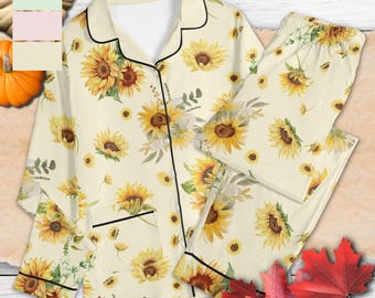 Sunflower Motif Pajama Set | Fall Floral Loungewear, Autumn Cottagecore Pjs, Watercolor Flower PJs, Matching Girls Nightwear, Bsf Jammies