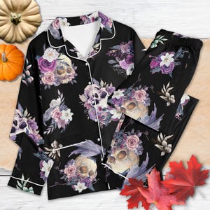 Skull Whimsigoth Pajama Sets | Gothic Pastel Pyjamas, Flower Skull Nightwear, Cotton Jammies, Long Pants Pj, Halloween Gifts,Spooky Fall Pjs