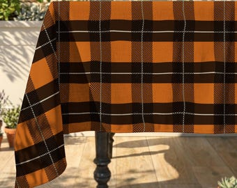 Orange Black Gingham Rectangle Tablecloth: Halloween Plaid Table Throws, Hosting Table Covers, Washable Tablecloth