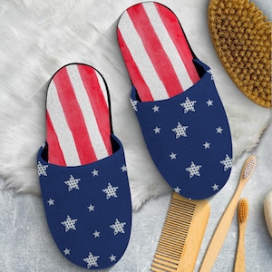 Patriotic Men Home Slip on Slippers | 4th of July House Shoes, Soft Plush Sandals, Independence Indoor Slippers, Unique Gift for Veteran Dad