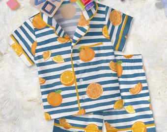 Stripes Oranges Satin Pajama Set: Citrus Summer Kids Homewear, Youth and Children Sleepwear