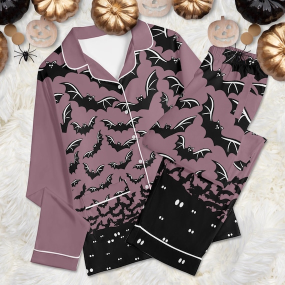 Vampire Bat Pajama Set:  Pastel Goth Halloween Nightwear, Unisex Loungewear with Pockets, Polycotton Blend Clothing