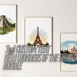 Chichen Itza, Eiffel Tower, and Taj Mahal, Wonders of the World Paintings, Wall Decor, Instant Download Paintings