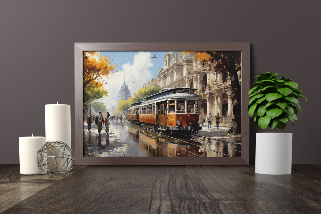 Nostalgic Tram in a Crowd Street, Oil Painting, Digital Print, Instant ...