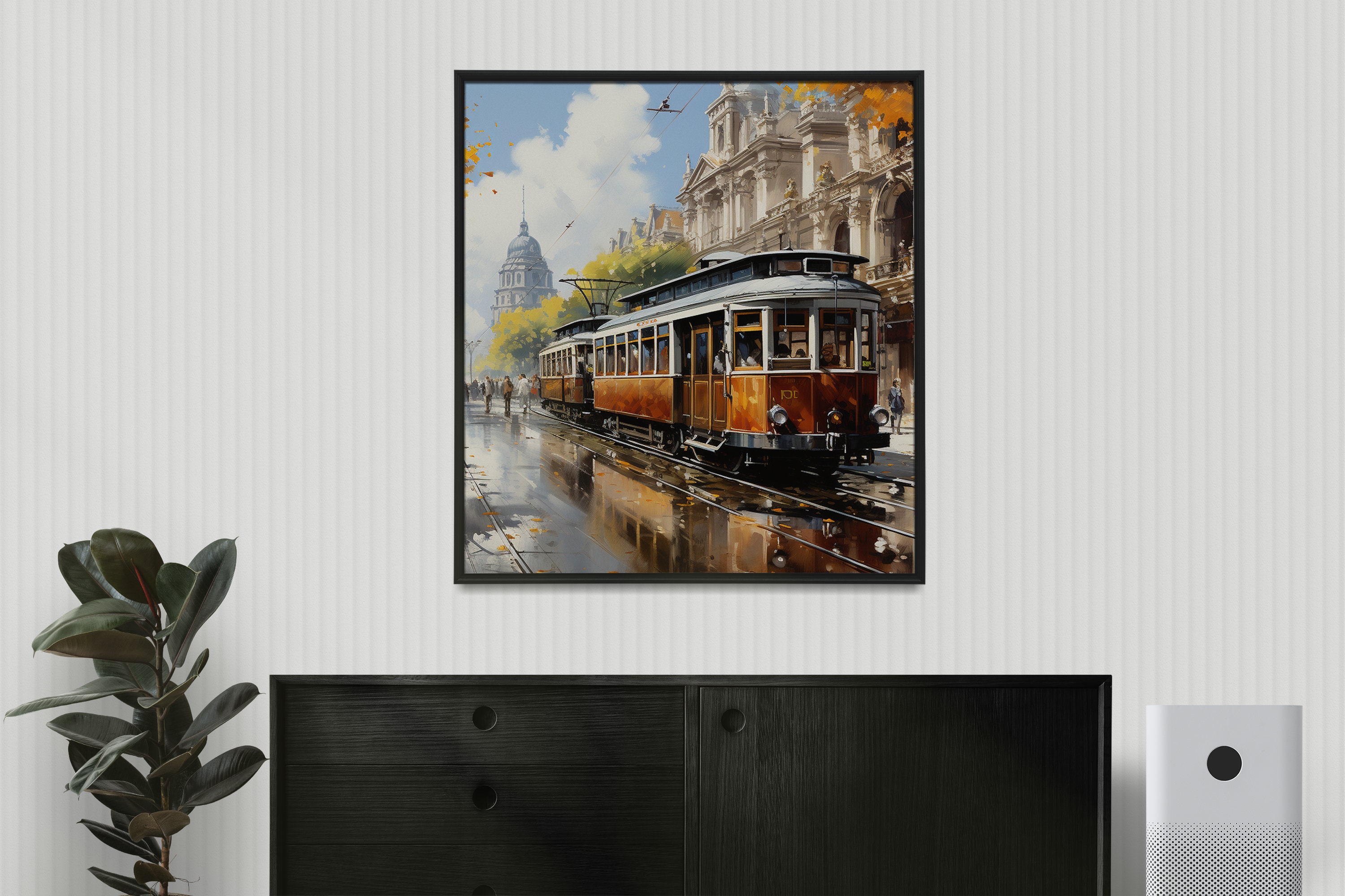 Nostalgic Tram in a Crowd Street, Oil Painting, Digital Print, Instant ...