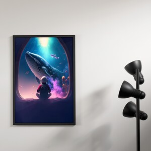 Cosmic Wonder - Digital AI Art Print of Astronaut Gazing at Giant Whale in Space on Canvas for Printable Art Home Decor Instant Download