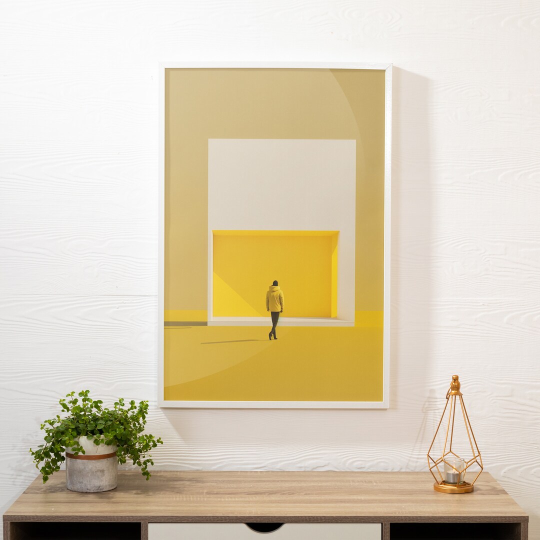 Yellow Minimalist Print Art, Minimalist Alone Man Art, Printable Wall Art, Yellow Color Art