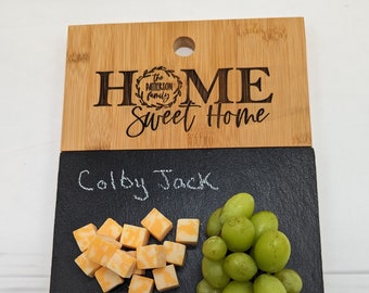 Personalized Slate-Bamboo Charcuterie Cutting Board Cheese Custom Laser Engraved Wood Wedding Birthday Housewarming Realtor Closing Gift