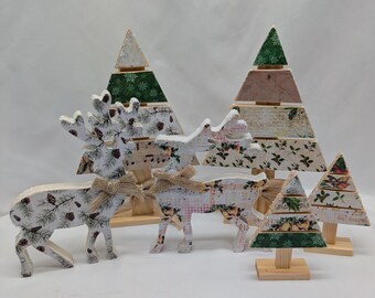 Decoupaged Wooden Christmas Tree Natural Rustic Holiday Home Decor Music Multiple Sizes Set Decorations Standing Wood Pallet Gift