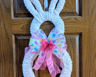 Easter Bunny Wreath Welcome Sign Front Door Decor Bunny Shaped Holiday Hanger Rabbit Yarn Fluffy
