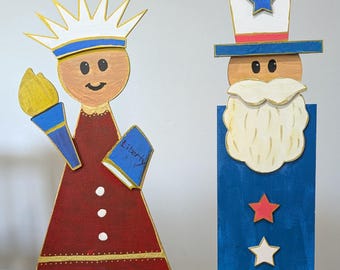 DIY Lady Liberty Uncle Sam patriotic craft kit primitive laser cut self standing home decor shelf sitter USA July 4th paint your own