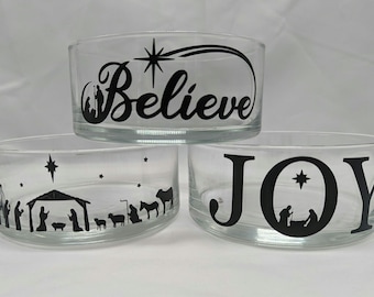 Christmas Holiday Glass Bowl, Trinkets, Candy Dish, Candle Holder, Jewelry, Coins, Catch-all  Joy, Nativity, Santa