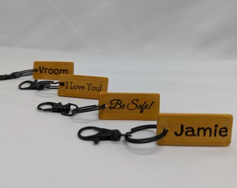 Engraved Bamboo Rectangular Keychain Personalized Custom Key Ring Name Get Home Safe I love You