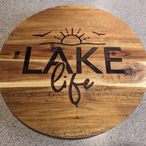 Lake Life 14&quot; Lake House Beach Lazy Susan Turntable  Custom Laser Engraved Wood Wedding Birthday Housewarming Realtor Closing Gift