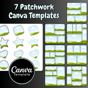 Puede incluir: Plantillas digitales de Canva con diseño de patchwork. Las plantillas presentan una variedad de formas, incluyendo cuadrados, estrellas y corazones, con un paisaje. El texto "7 Patchwork Canva Templates" se muestra en la parte superior.
