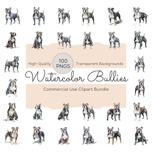 Puede incluir: Una colección de ilustraciones en acuarela de varias razas de perros Bully. La imagen incluye múltiples poses de perros, con el texto "Watercolor Bullies" y "Commercial Use Clipart Bundle". Las ilustraciones son PNG de alta calidad con fondos transparentes.