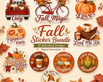 Fall Sticker Bundle PNG | Autumn Sticker Designs | Pumpkin Clipart | Planner Stickers (Digital Download)