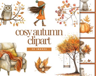 Cozy Autumn Clipart Bundle: Watercolor Fall PNG Images (Digital Download)