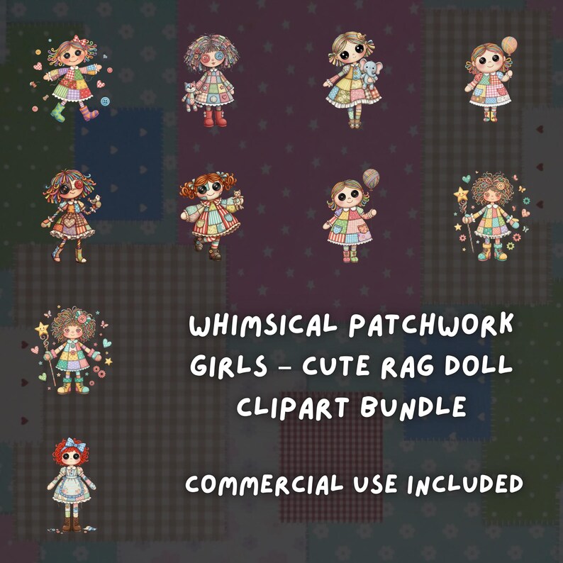 Patchwork Ragdoll Patchwork Doll Clipart Bundle | 26 Kawaii Girl Illustrations (PNG) - Etsy