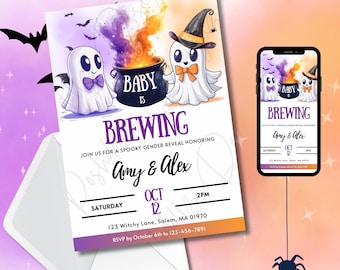 Puede incluir: Una invitación de revelación de género con temática de Halloween con fantasmas de dibujos animados, un caldero con el texto "BABY IS BREWING" y los nombres Amy & Alex. La invitación incluye la fecha, la hora y el lugar.