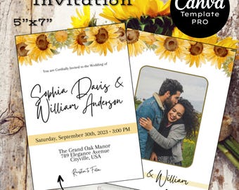 Invitación de boda con girasoles: Plantilla floral de Canva (Descarga digital)