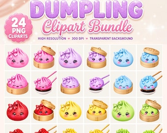 May include: A digital collection of 24 Kawaii Dumpling Clipart images featuring colourful, smiling dumplings with bows. The set includes various dumplings in bamboo steamers, some with chopsticks, in pink, purple, blue, red, yellow, and green.
