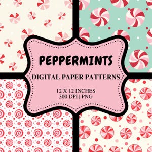 Peppermint Candy Seamless Digital Paper Pattern Designs Set | 4 Festive Patterns (PNG, 12x12", 300 DPI)