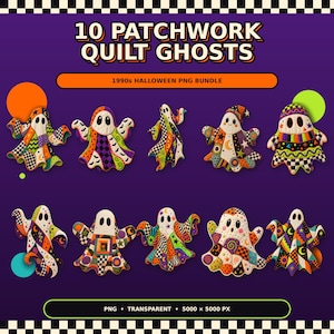 May include: A digital collection of 10 patchwork quilt ghosts featuring colourful patterns with stars, moons, and checkered designs. The text reads 10 PATCHWORK QUILT GHOSTS, 1990s HALLOWEEN PNG BUNDLE, and PNG TRANSPARENT 5000 x 5000 PX on a purple background.