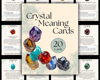 May include: A deck of 20 "Crystal Meaning Cards" featuring various colorful gemstones. Each card provides information on the stone's properties, such as grounding, healing, and abundance. The cards are designed for spiritual guidance and self-discovery.