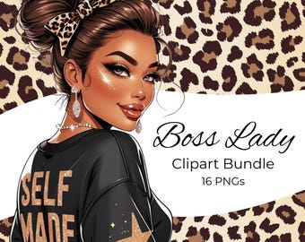May include: Digital illustration of a woman with brown hair and a leopard print bow. She wears a black sweatshirt with "SELF MADE" in gold glitter and a gold star. The text "Boss Lady Clipart Bundle 16 PNGs" is also included.