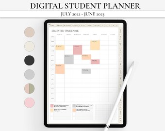 May include: A digital student planner on a tablet screen with a semester timetable. The timetable is divided into days of the week and times of day. There are various colored blocks on the timetable, indicating different activities. The tablet is on a white surface with a stylus pen next to it.
