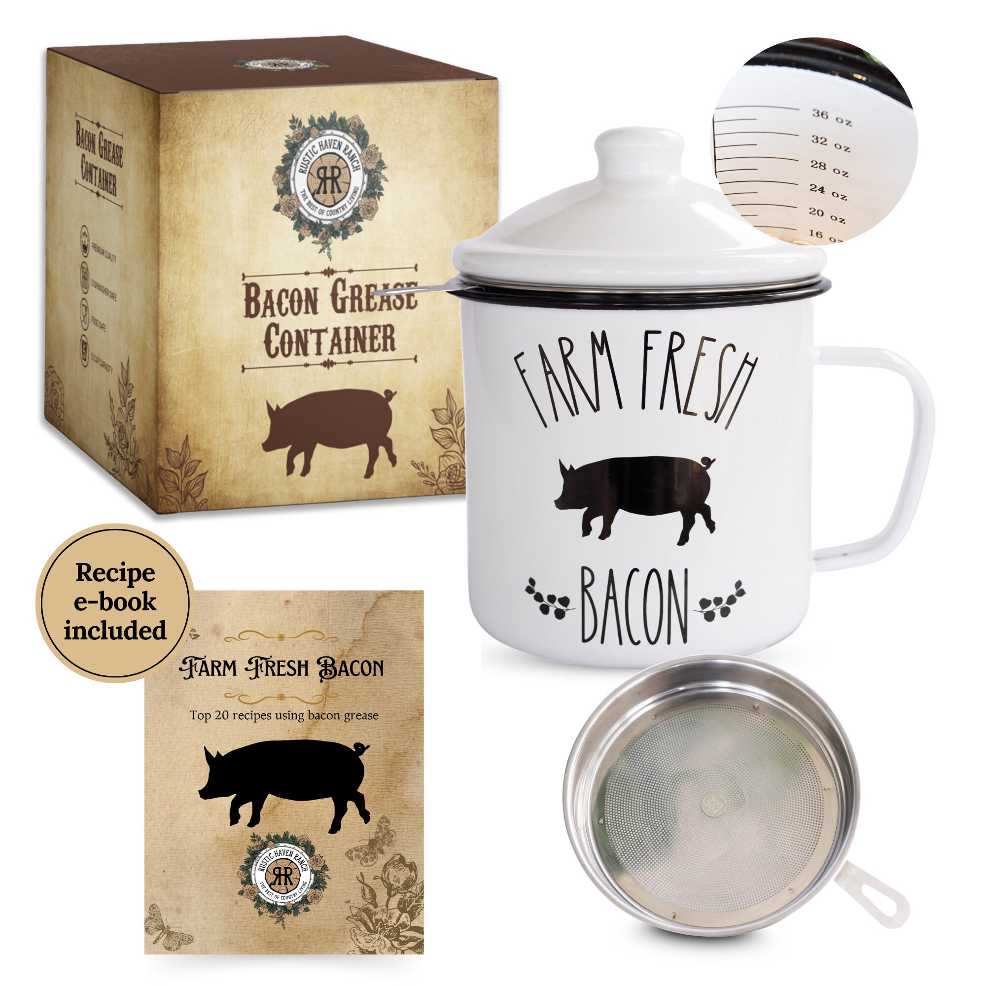 Bacon Grease Saver With Strainer With Measurements and Ebook,grease