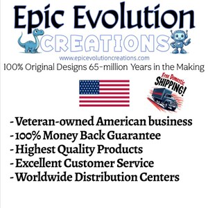 K&ouml;nnte beinhalten: Eine Grafik mit dem Text "Epic Evolution Creations" und der Website-Adresse "www.epicevolutioncreations.com". Die Grafik enth&auml;lt au&szlig;erdem eine amerikanische Flagge, einen Cartoon-Dinosaurier, einen Roboter und einen Lieferwagen mit dem Text "Kostenloser Versand innerhalb der USA!" Der Text unter der Grafik lautet "100 % Original Designs, 65 Millionen Jahre in der Entstehung". Die Grafik enth&auml;lt au&szlig;erdem eine Liste mit f&uuml;nf Stichpunkten: "Veteranengef&uuml;hrtes amerikanisches Unternehmen", "100 % Geld-zur&uuml;ck-Garantie", "Produkte von h&ouml;chster Qualit&auml;t", "Exzellenter Kundenservice" und "Weltweite Vertriebszentren".
