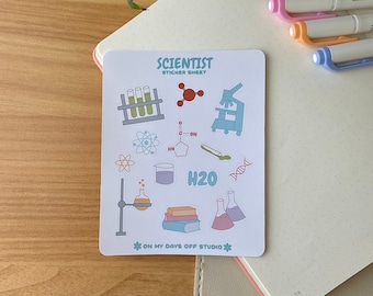 May include: A sticker sheet with a science theme. The sheet features a variety of science-related images, including test tubes, a microscope, a molecule, a beaker, a DNA strand, and a book stack. The text "Scientist Sticker Sheet" is at the top of the sheet. The text "On My Days Off Studio" is at the bottom of the sheet.