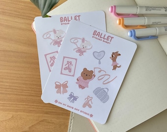 May include: Two sticker sheets with a ballet theme. The sheets feature illustrations of a bear, a rabbit, a ballerina, a shoe, a bow, a mirror, a bag, and the text "Ballet Sticker Sheet" and "On My Days Off Studio".
