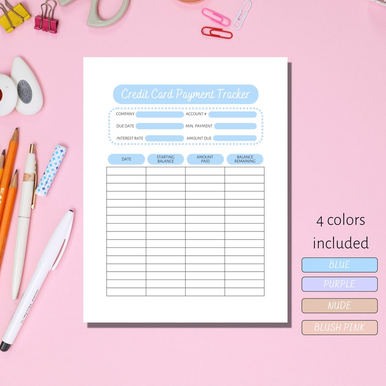Credit Card Payment Tracker Printable 4 Color Options - Etsy