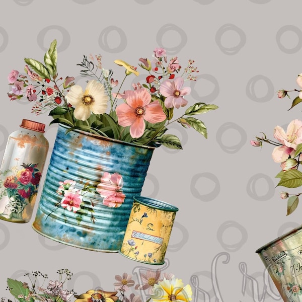 Retro Can of Flowers Clipart Volume 1- 20 High Quality PNGs - Digital Download - Art Journals, Scrapbooks, Card Making, Mixed Media